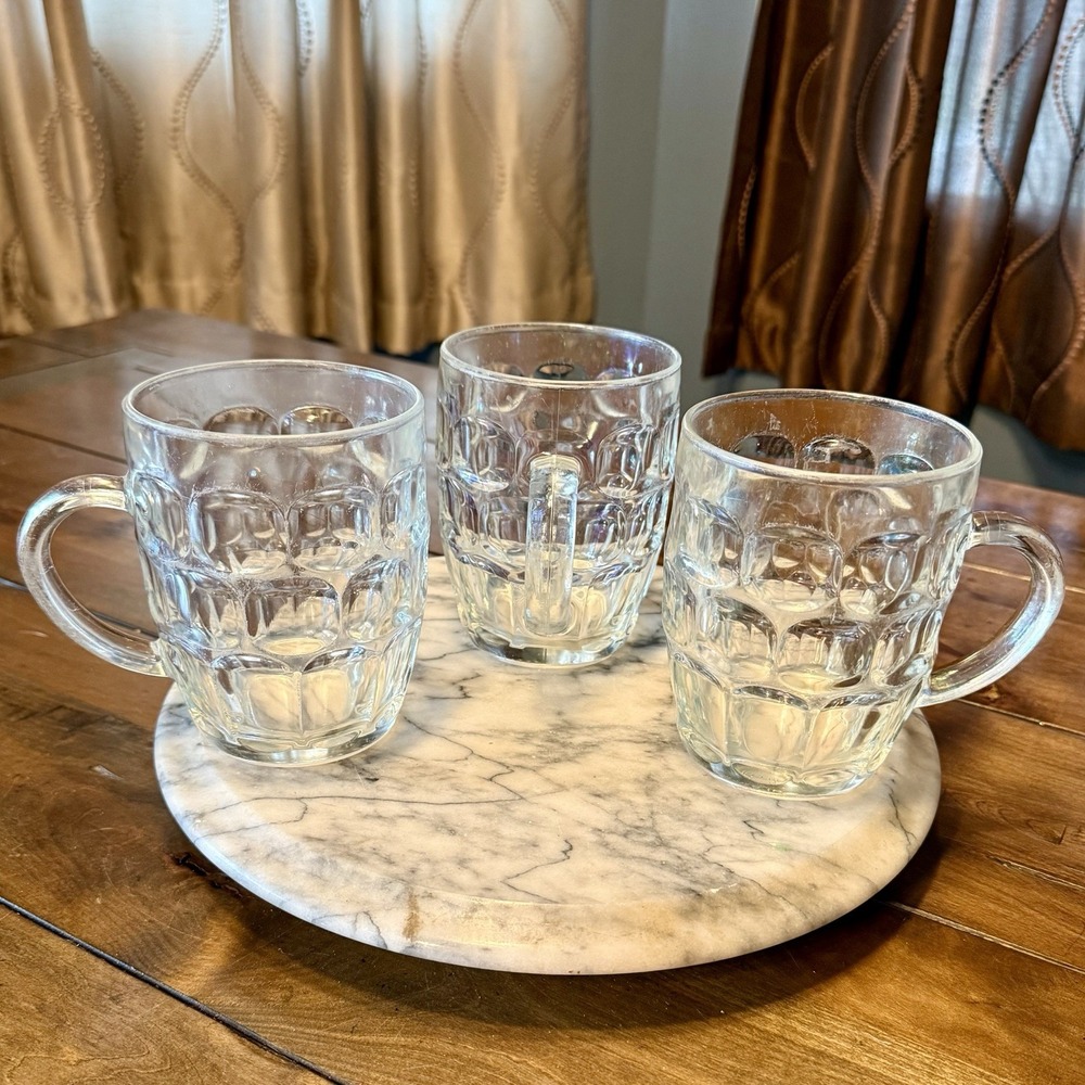 3pc VTG Arcoroc France 5" Clear Glass Beer Rootbeer Mug Luminarc Thumbprint